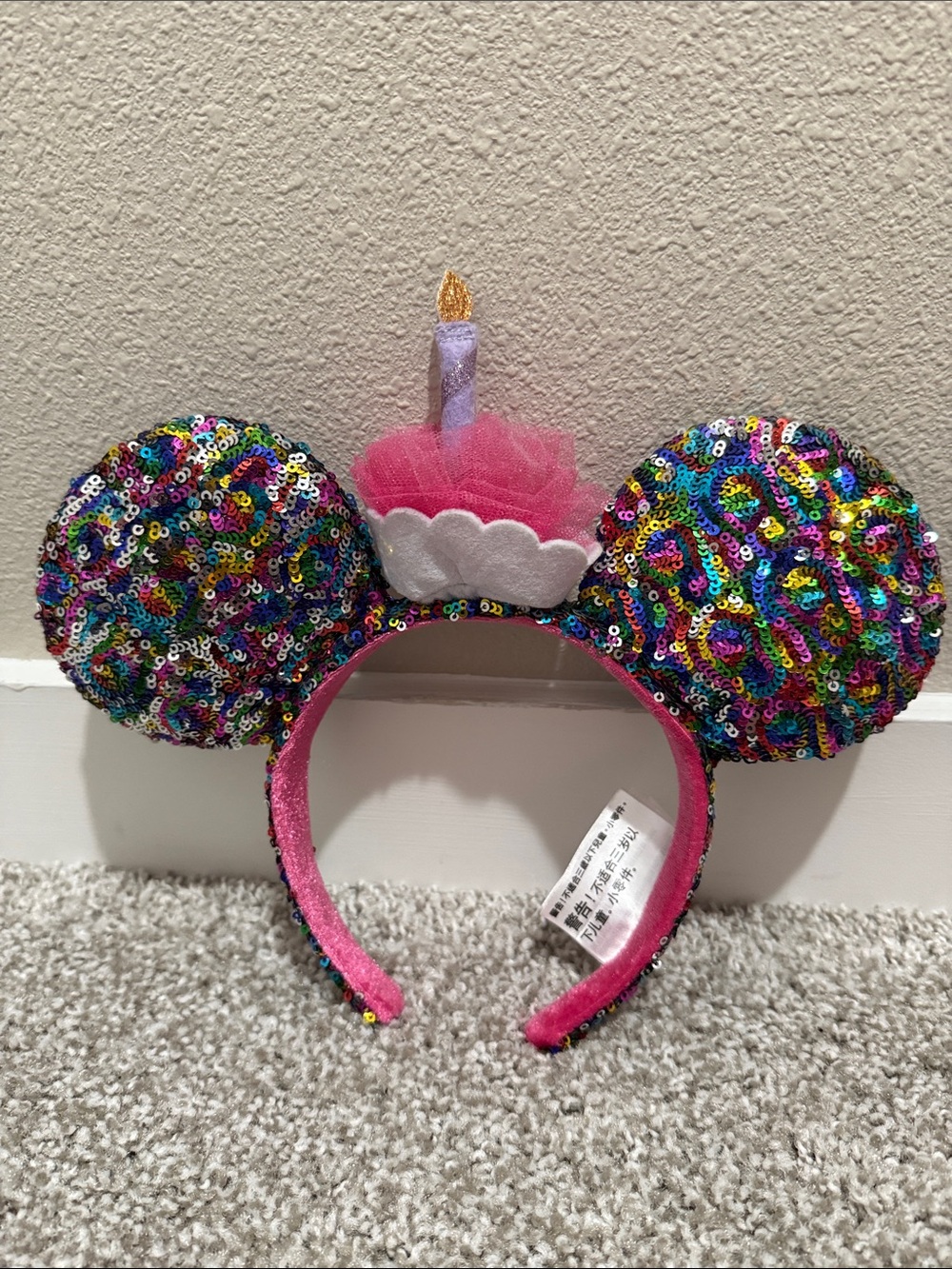 Disney Cupcake Birthday Ear Headband - Multicolor Sequins & Pink Trim